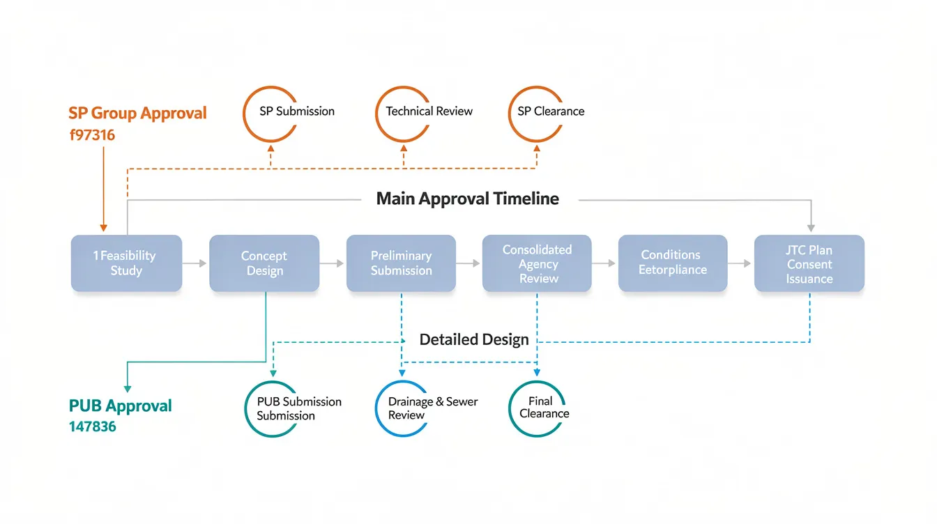 The image depicts a detailed timeline flowchart illustrating eight sequential steps in the approval process, starting from the feasibility study to the issuance of JTC plan consent. It highlights parallel tracks for approvals from SP Group and PUB, emphasizing the necessary approvals and evaluation stages required for complex projects in JTC estates.