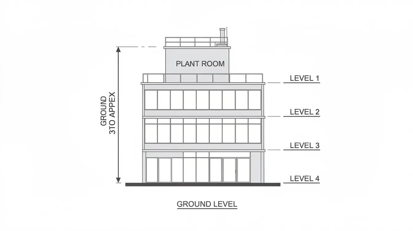 The image depicts a diagram illustrating the ground-to-apex measurement of a four-storey office building, which includes a rooftop plant room. This visual representation highlights the building's height and structure, essential for compliance with building control regulations and periodic facade inspections in Singapore.