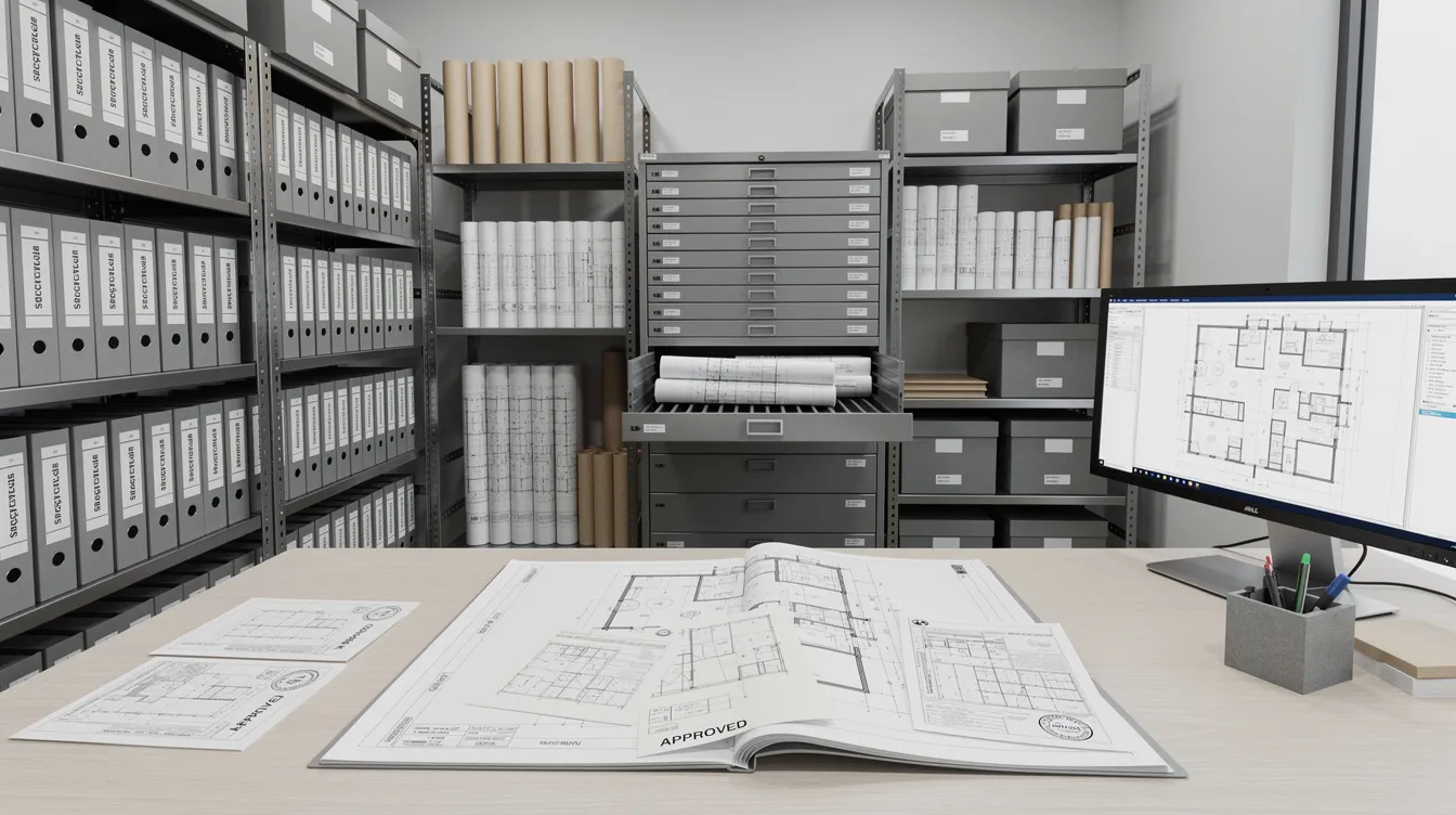 The image depicts an organized archive of structural drawings and inspection reports neatly stored in a building management office, highlighting the importance of periodic inspection and compliance with building regulations for building owners. This setup ensures efficient tracking of maintenance and compliance risks associated with building facades and structural works.