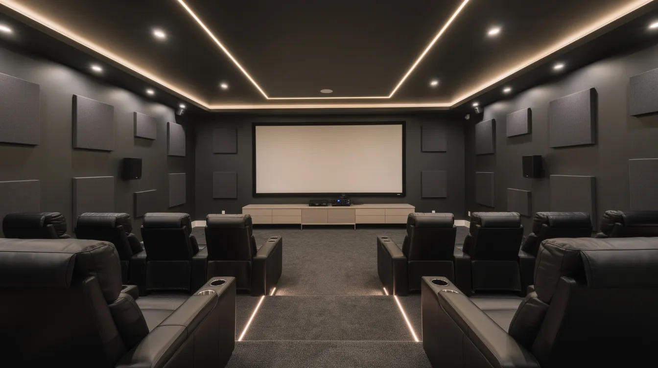 The image depicts a modern basement home theatre room featuring sleek acoustic panels on the walls and integrated ceiling lighting, creating an inviting atmosphere for movie nights. This interior design showcases the careful planning and attention to detail that many homeowners seek in their renovation projects.