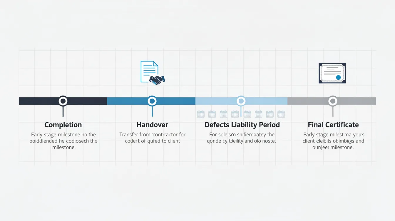 The image depicts an annotated construction project timeline highlighting key milestones such as completion, handover, defects liability period (DLP), and final certificate. It serves as a visual representation of project management and contractual obligations throughout the construction process, outlining important deadlines and responsibilities.