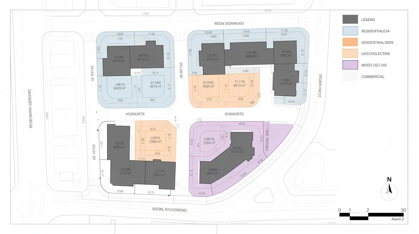 The image depicts an architectural site plan that illustrates building footprints alongside area measurements and zoning overlays, relevant for developers navigating regulatory processes. It includes details on gross floor area (GFA) and compliance with urban redevelopment authority guidelines in Singapore.