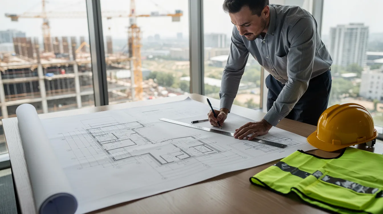 An engineer is carefully examining architectural blueprints laid out on a large desk, with a hard hat and safety vest placed nearby, reflecting a systematic approach to ensuring compliance with fire safety standards and regulations. The scene highlights the importance of thorough documentation and evaluation stages in the approval process for fire protection systems in building projects.