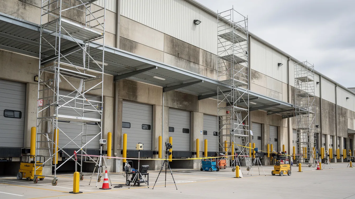 The image depicts an industrial building facade equipped with scaffolding and various inspection tools along the loading dock area, indicating a periodic façade inspection (PFI) process. This setup highlights the importance of ensuring structural integrity and public safety through thorough visual inspections and compliance with building control regulations.