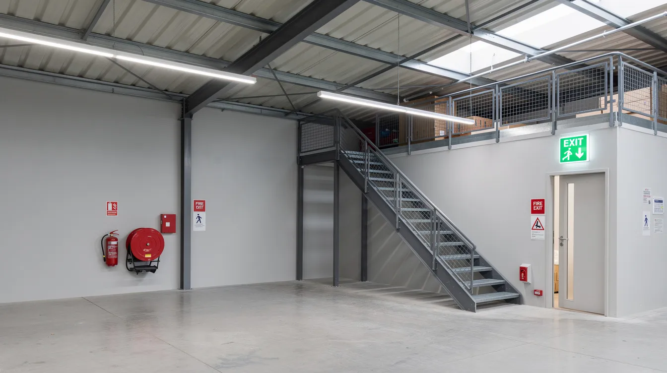 The image depicts the interior of an industrial unit featuring essential fire safety equipment, clearly marked exit signage, and a robust steel staircase leading to a mezzanine level. This setup highlights the importance of compliance with building regulations and fire safety standards, ensuring structural integrity and safety for property owners and businesses operating in the space.