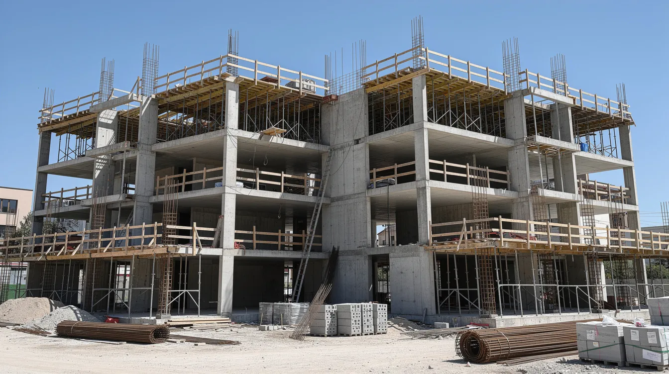 The image depicts a modern residential property under construction, showcasing a concrete framework and visible reinforced steel beams against a clear blue sky. This construction phase involves key structural elements that must adhere to building control regulations and approved plans as part of the building plan submission process.