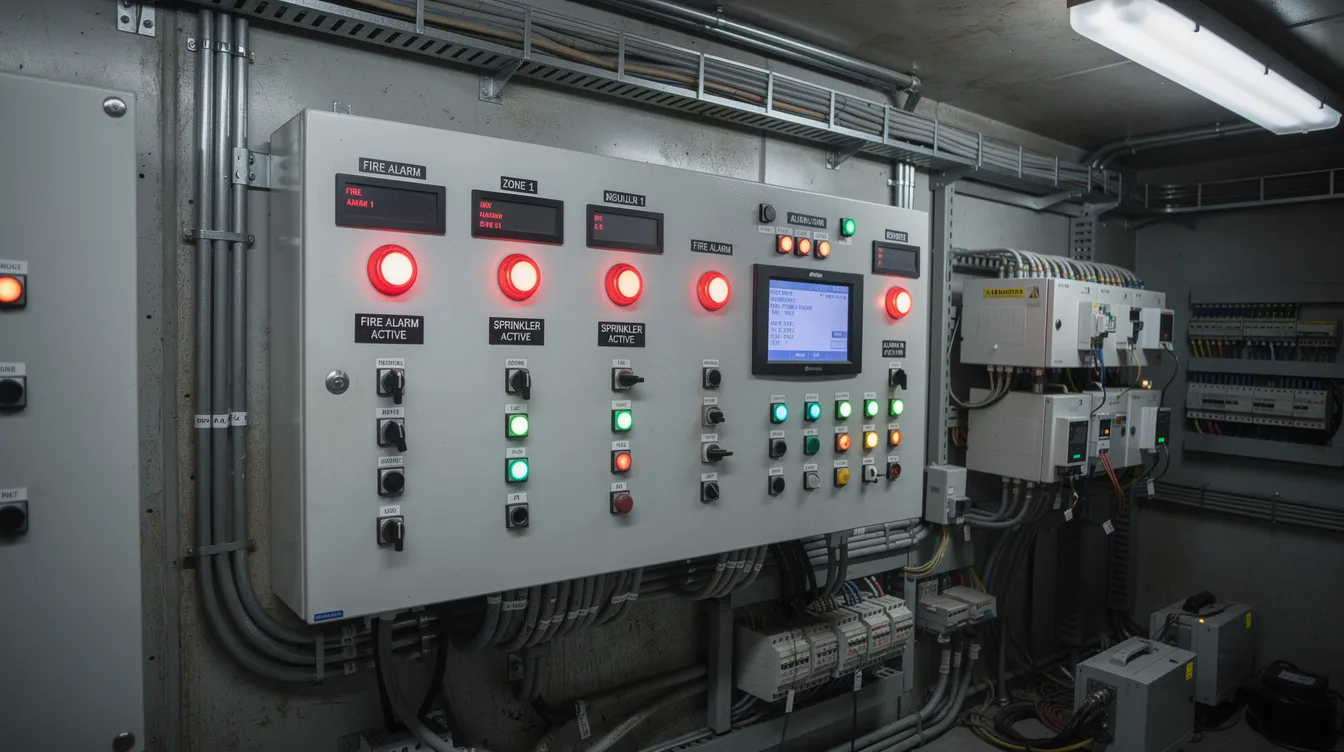 The image depicts a fire safety system control panel in an industrial facility's control room, featuring various alarm indicators that monitor fire safety systems. This setup is essential for ensuring compliance with fire safety regulations and protecting occupants, as outlined in the fire safety certificate application process.