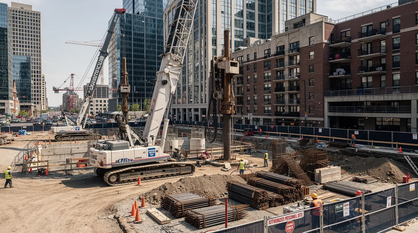 The image depicts a bustling construction site in an urban area, featuring tall piling rigs actively installing deep foundation piles amidst surrounding buildings. This scene illustrates the importance of a comprehensive site supervision plan, ensuring compliance with building control regulations and maintaining structural integrity throughout the construction phase.