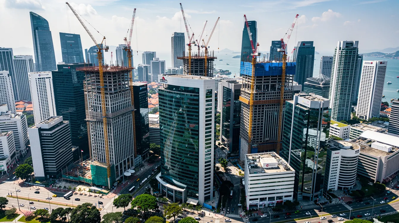 An aerial view of Singapore's commercial district showcases modern skyscrapers interspersed with construction cranes, highlighting ongoing building works and the dynamic project lifecycle in the area. This image reflects the importance of BCA approval and regulatory compliance in the development of structural plans and renovation projects within Singapore's urban landscape.
