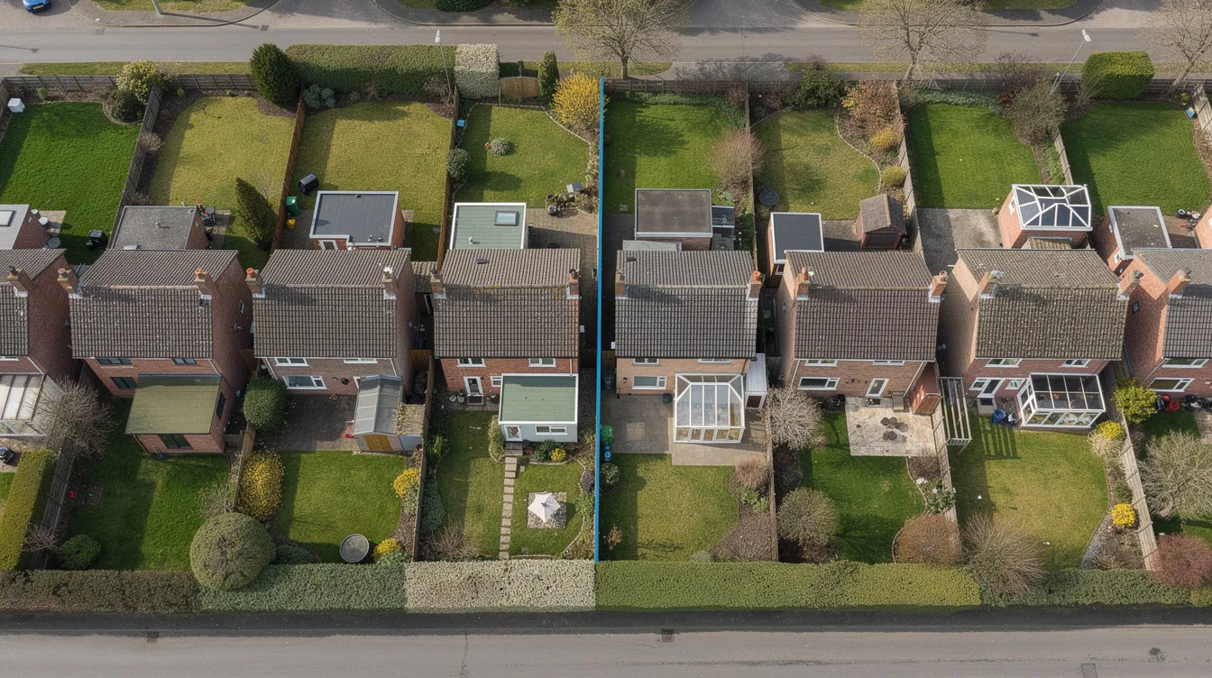 An aerial view showcases a row of semi-detached houses, each featuring visible rear extensions and clearly defined party wall boundaries. This image highlights the existing structures in an urban setting, reflecting the ongoing trends in urban redevelopment and the importance of adhering to building control regulations.