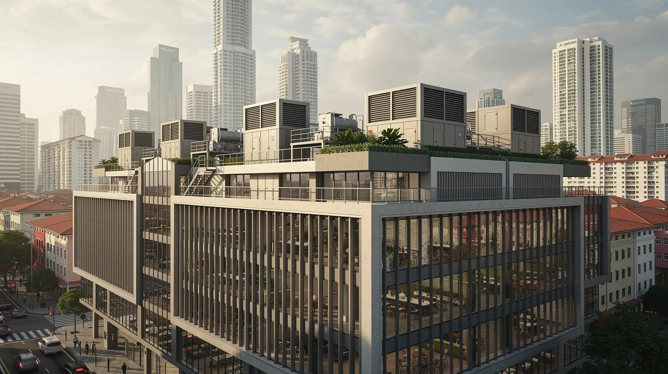 The image depicts a multi-storey commercial building in Singapore, showcasing its facade cladding and rooftop plant rooms against a backdrop of the city skyline. This well-maintained structure highlights the importance of periodic facade inspections and compliance with the Building Control Act to ensure public safety and address any potential unsafe defects.
