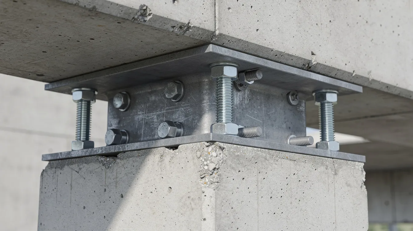 The image shows a close-up view of a bolted steel staircase connection to a concrete beam, highlighting the baseplate and anchor bolts, which are crucial structural elements ensuring the structural safety of the installation. This detailed connection is essential for compliance with building control acts and reflects the importance of professional engineer endorsement in construction projects.