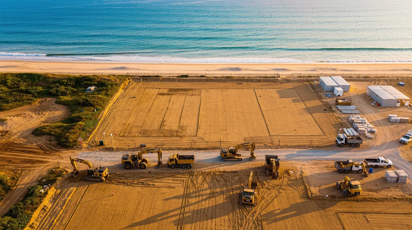 An aerial view of a construction site showcases earth-moving equipment operating on levelled terrain, situated near a coastal area. This scene reflects the project management process, highlighting the coordination of resources and tasks as the project moves forward towards completion.
