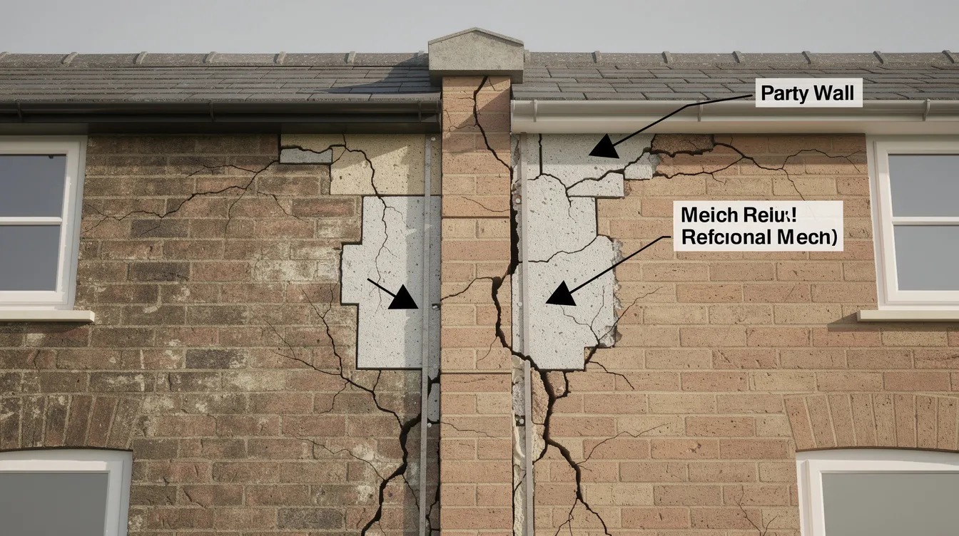 The image shows a close-up view of a party wall junction between two semi-detached houses, highlighting visible crack patterns that may affect the structural integrity of the existing buildings. This detail is crucial for homeowners considering alterations or additions, as it relates to the envelope control guidelines and the need for professional engineer assessments in urban redevelopment.
