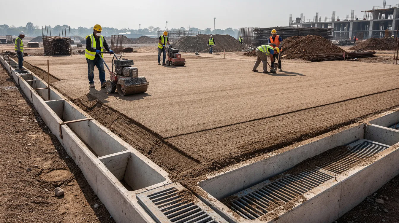 The image depicts construction workers compacting earth fill on a leveled platform, with visible drainage channels designed to manage water flow. This scene highlights the importance of project management and compliance with engineering standards in the construction process.