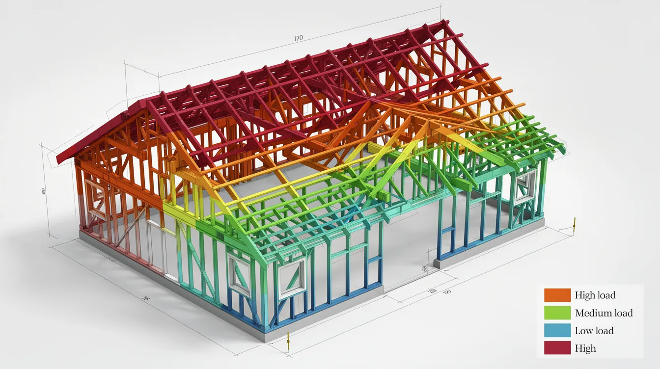 The image depicts a 3D structural model of a roof, with framing members highlighted in various colors to indicate different load capacity zones. This visual representation aids in the structural assessment for rooftop solar installations, ensuring compliance with the building and construction authority's regulatory requirements in Singapore.