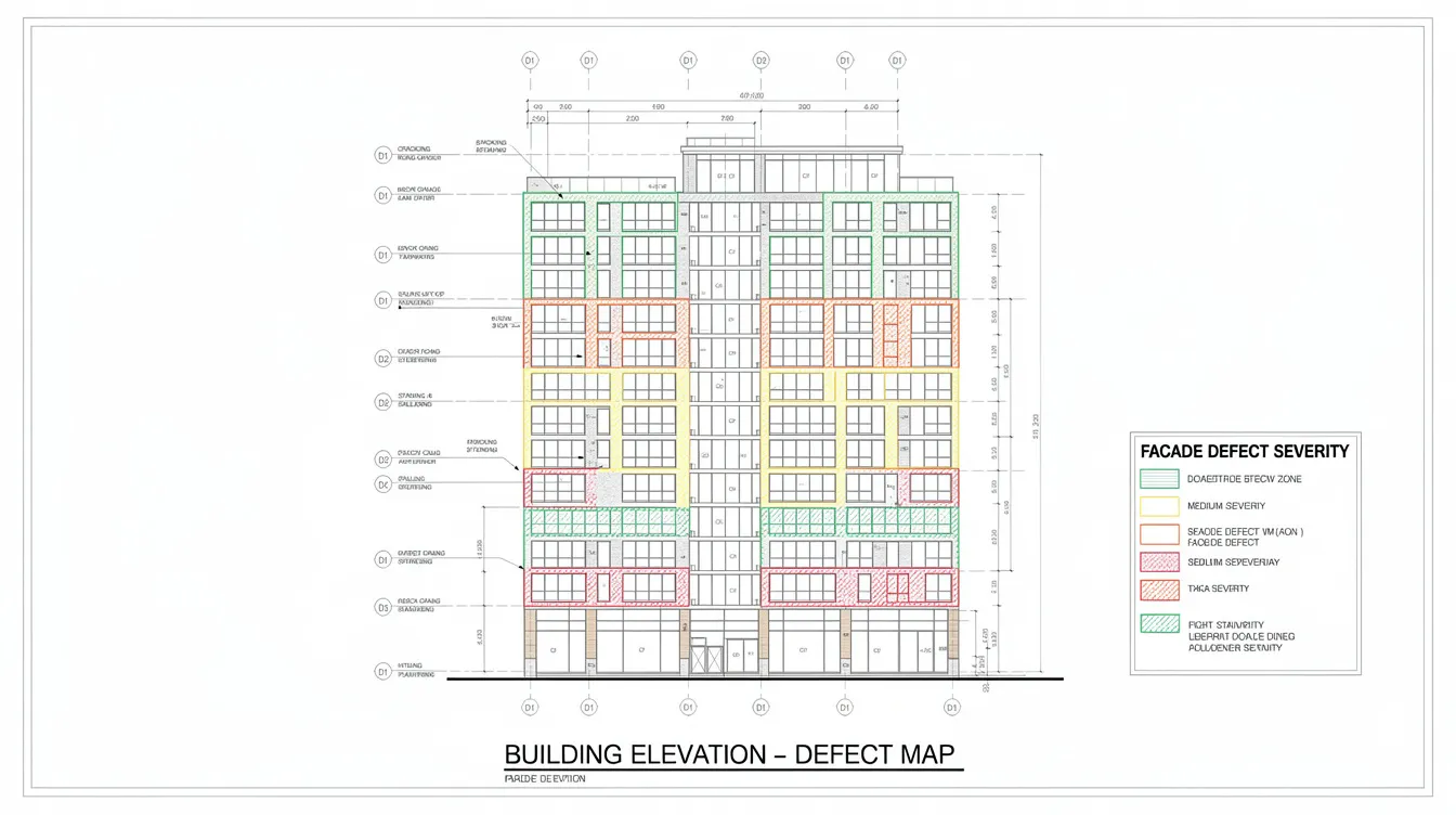 The image depicts an annotated building elevation drawing that highlights various façade defect zones, with each zone color-coded to indicate different levels of severity. This visual aids in understanding the façade inspection process, essential for building owners, structural engineers, and façade inspectors to identify and address defects effectively.