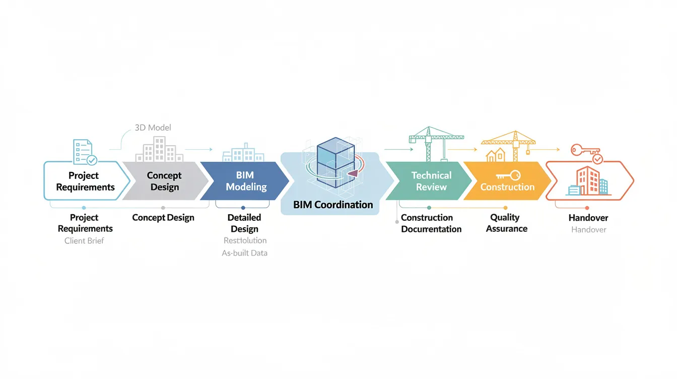 The image depicts a detailed workflow diagram illustrating the steps from project requirements through BIM coordination to handover, highlighting the importance of architectural BIM services in ensuring accurate BIM models and efficient project delivery in the AEC industry. It emphasizes key phases such as project scope, coordination meetings, and the role of BIM experts in reducing errors and streamlining design processes.