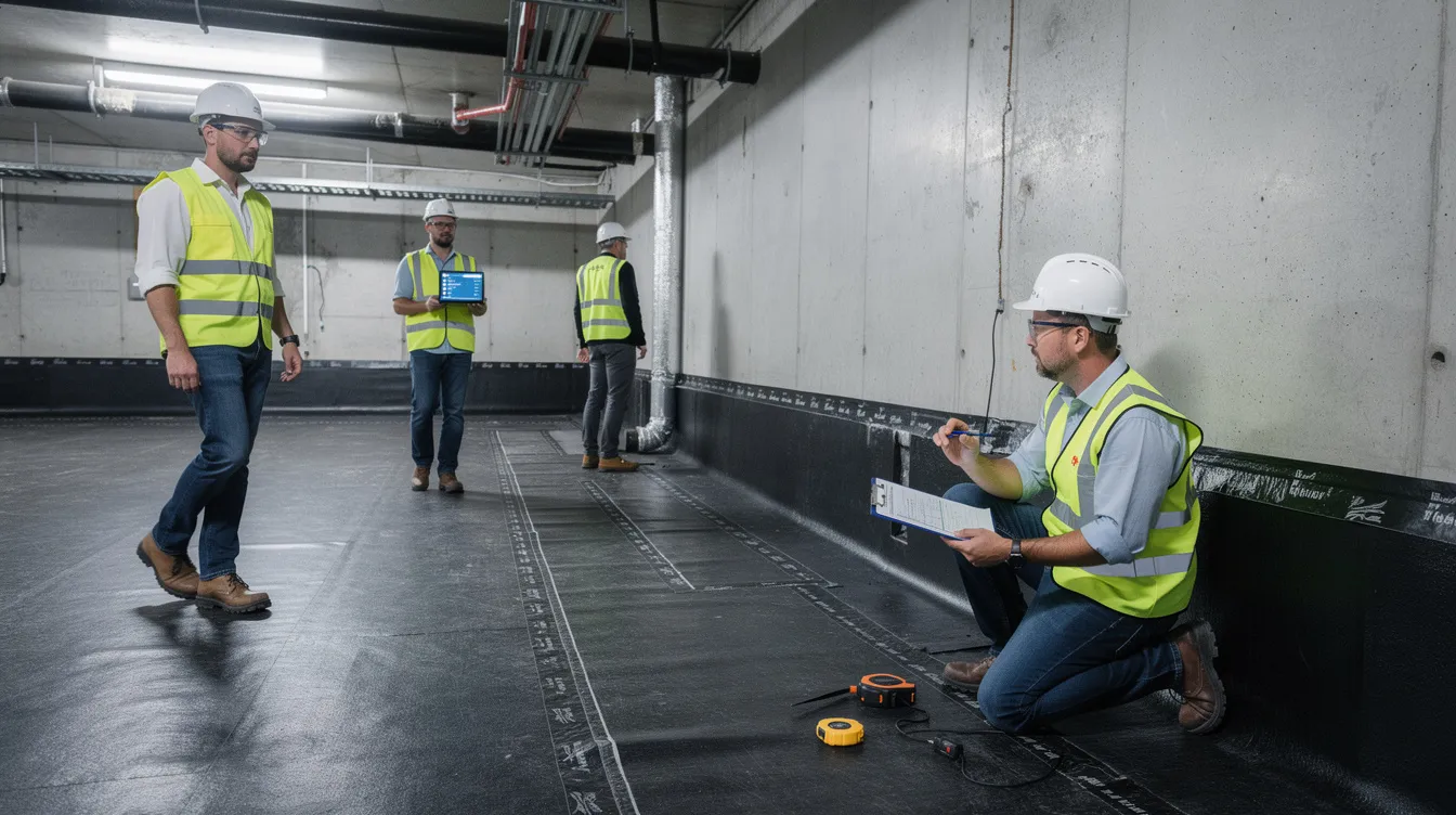 A group of engineers, including qualified site supervisors and resident engineers, is conducting a final visual inspection of a completed basement level, ensuring regulatory compliance and structural integrity, with a waterproofing membrane clearly visible on the walls and slab. This inspection is part of the construction supervision process, verifying adherence to approved plans and safety standards before project completion.
