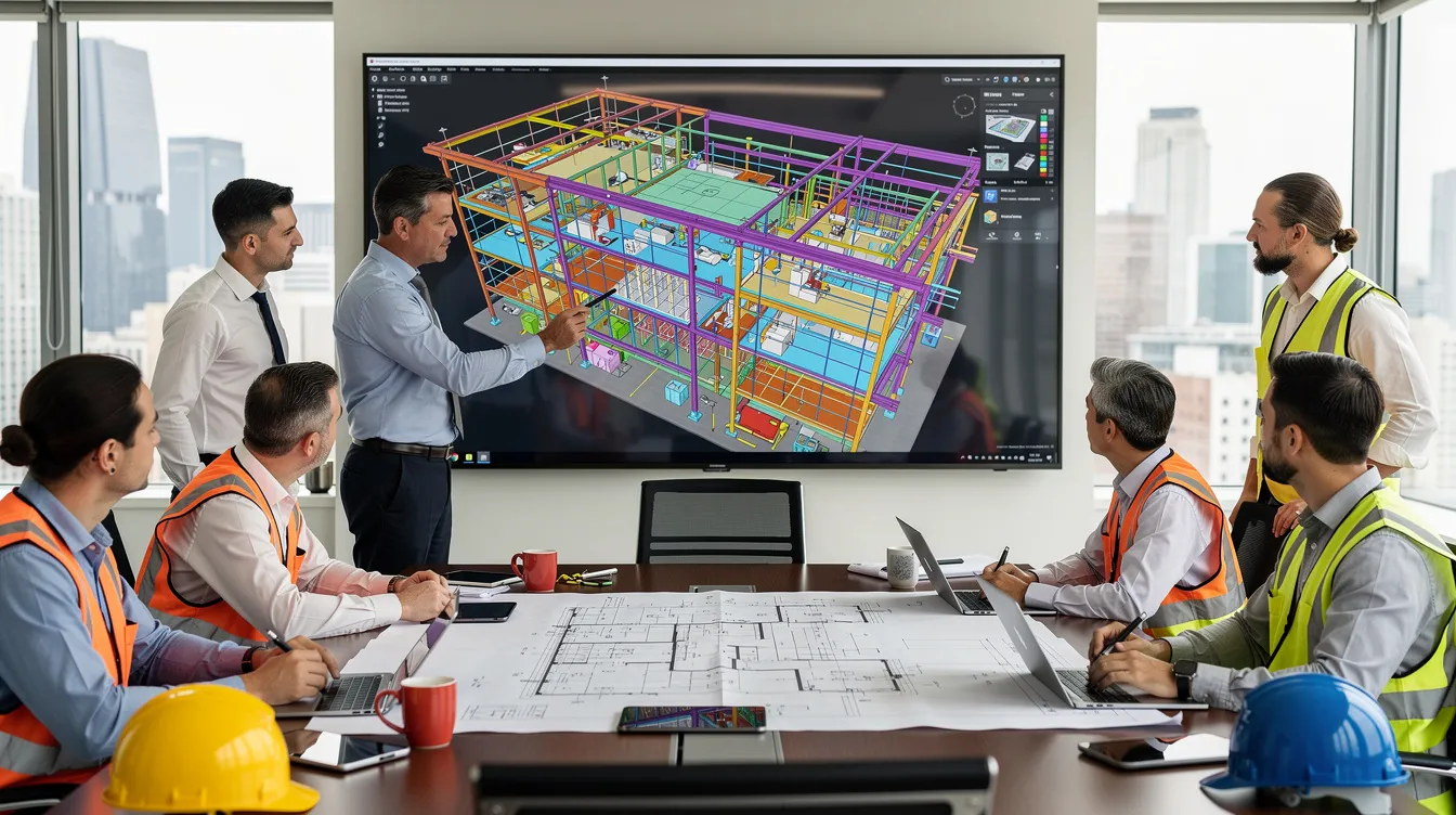 A group of construction professionals is gathered in a meeting room, intently reviewing a digital building model displayed on a large screen. They discuss various aspects of the project, including compliance with the urban redevelopment authority's guidelines and the implications of the gross floor area and plot ratio for developers in Singapore.