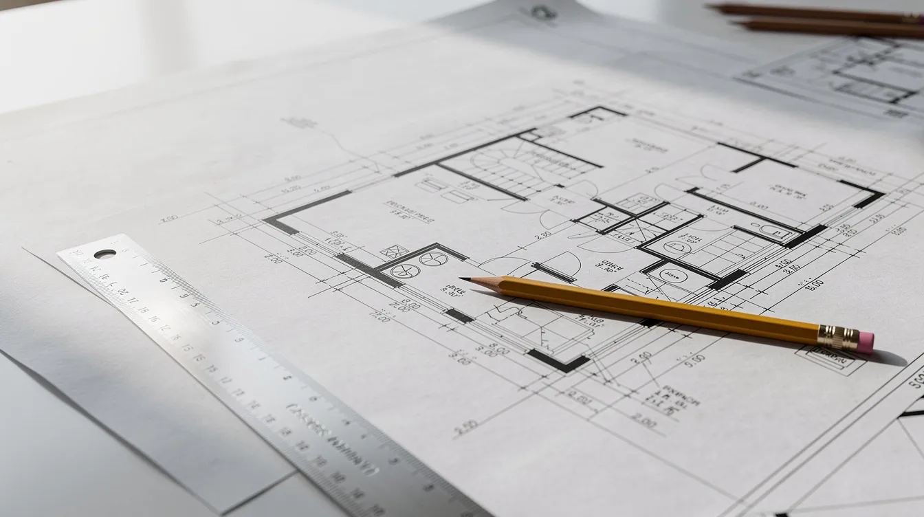 The image shows a close-up view of architectural floor plan drawings laid out on a table, accompanied by a ruler and a pencil, highlighting the detailed structural elements crucial for building control compliance and the approval process. These plans are essential for submission to the building and construction authority, ensuring that all regulatory requirements are met before construction begins.