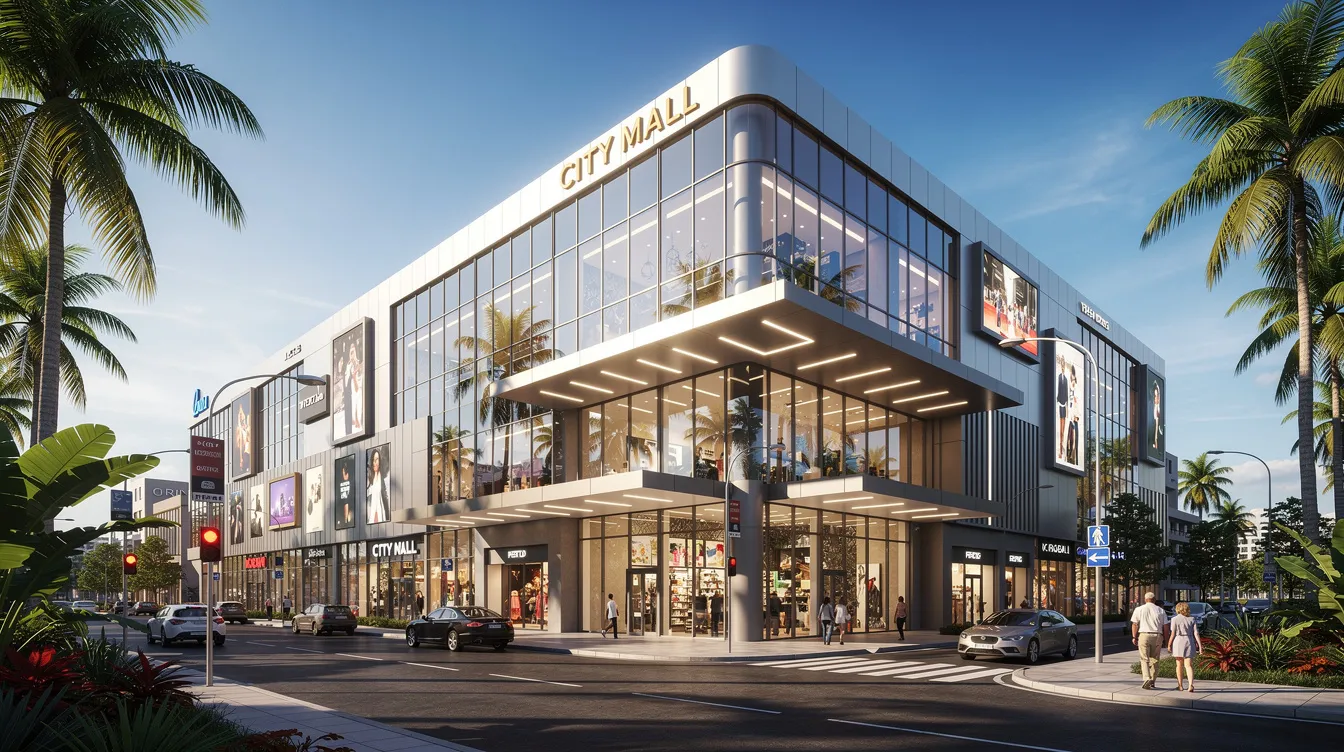 The image depicts a modern multi-storey shopping mall in a tropical city, characterized by its glass curtain walls and metal cladding, with prominent entrance canopies and large signage visible from the street. This structure emphasizes the importance of regular periodic façade inspections to ensure public safety and maintain the integrity of building façades, in accordance with the Building Control Act and BCA periodic façade inspection requirements.