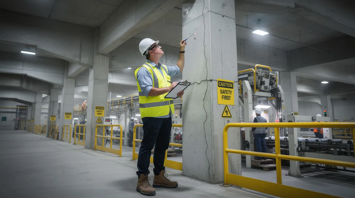A structural engineer is performing a visual inspection of concrete beams and columns within an operational factory, ensuring compliance with the BCA periodic structural inspection (psi) requirements. This inspection focuses on assessing the structural integrity of essential elements to identify any potential defects or safety risks.