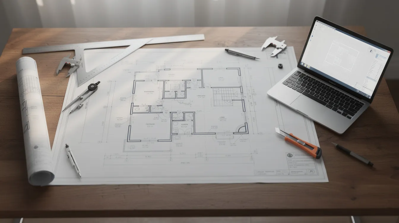 The image depicts a detailed architectural blueprint laid out on a table, surrounded by various engineering tools and a laptop, highlighting the essential elements of the renovation process. This scene reflects the critical planning stage for interior designers and professional engineers as they evaluate structural integrity and project timelines for complex renovations.