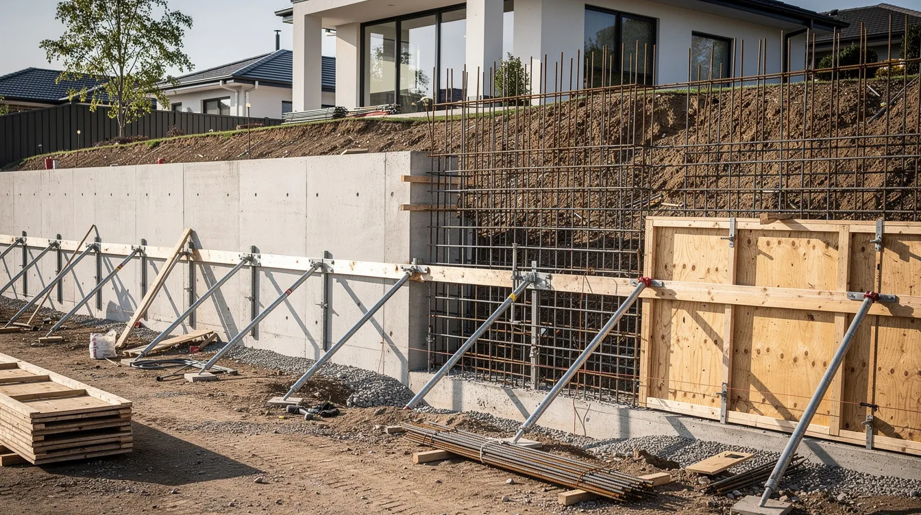 The image shows a reinforced concrete retaining wall under construction at a residential site, featuring exposed rebar and formwork, highlighting the structural elements essential for ensuring the structural integrity of the proposed structure. This construction process is crucial for maintaining compliance with the building control act and ensuring the safety of adjacent structures.