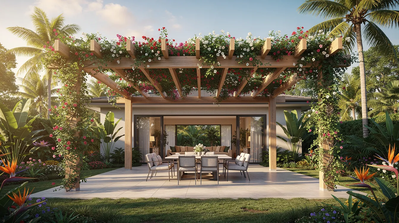 The image depicts a large residential garden trellis adorned with vibrant climbing plants, creating a lush green canopy over a patio area in a tropical setting. This structure not only enhances the aesthetic appeal of the space but also showcases the importance of structural integrity in outdoor living environments.