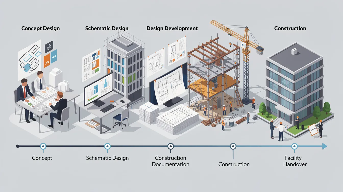The image illustrates the various phases of a building project, from concept design to construction and facility handover, highlighting the importance of architectural BIM services and accurate BIM models in the project lifecycle. It emphasizes the collaboration between architects and engineers, showcasing how BIM modeling services streamline design and improve project outcomes.