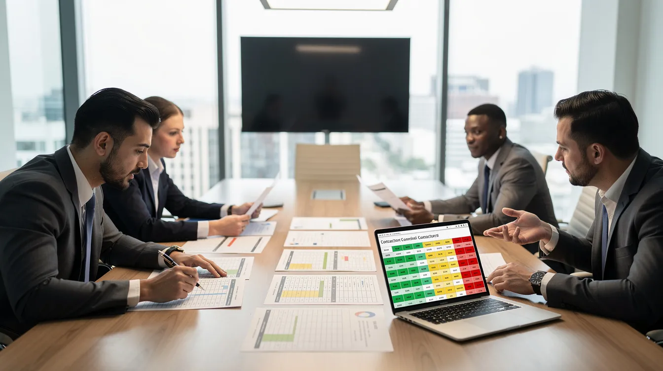 The image depicts a professional meeting room where several individuals are engaged in reviewing printed comparison tables, while a laptop displays a spreadsheet with colour-coded contractor scores. This scene reflects the essential aspects of construction project management, including the evaluation of contractor performance and the identification of potential issues that may impact project timelines and costs.