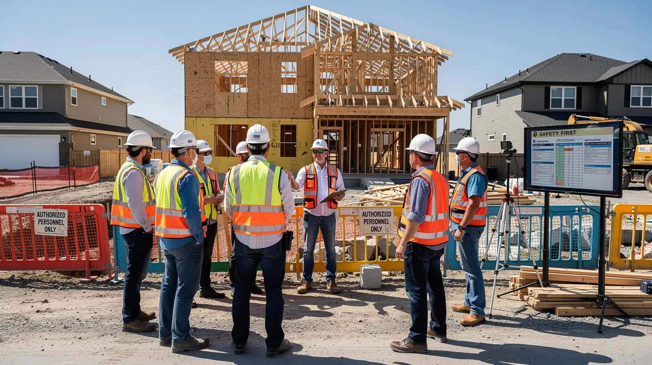 A group of construction workers is gathered on a residential building site, participating in a safety briefing. Safety barriers and monitoring equipment are visible around them, highlighting the importance of compliance with building and construction authority regulations during renovation works.