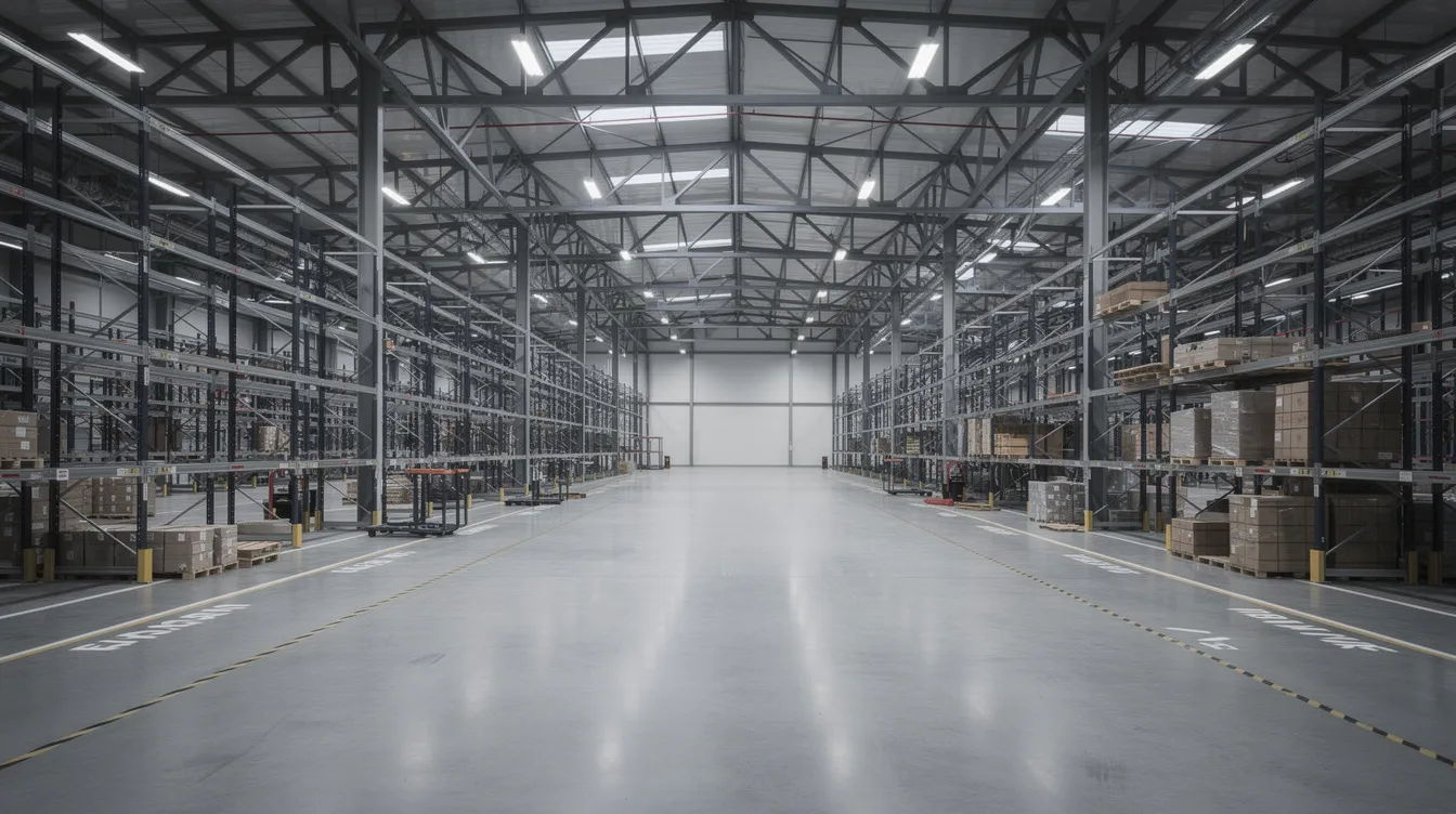 The image depicts the interior of an industrial warehouse with high ceilings supported by steel structural beams, featuring extensive racking systems for storage. This environment highlights the importance of regulatory compliance and structural plans in the construction and renovation processes, particularly for projects requiring BCA approval.