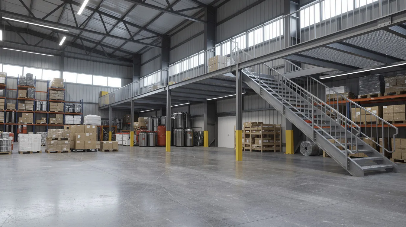 The image depicts the interior of an industrial warehouse featuring a steel mezzanine floor, with storage racks arranged below and an open staircase leading to the upper level. This design highlights the mezzanine's construction, which must comply with building regulations and fire safety standards to avoid issues related to unapproved mezzanine floors.