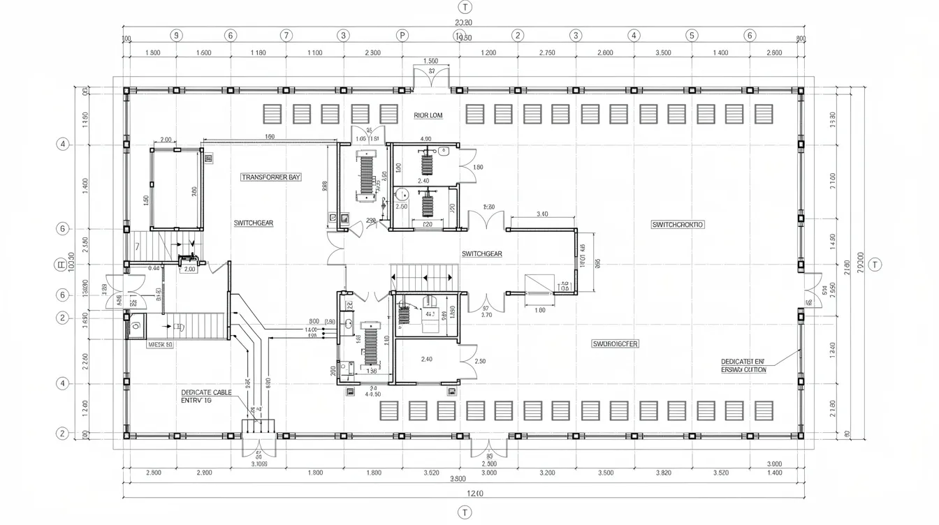 The image depicts an annotated architectural floor plan of a substation, highlighting key areas such as the transformer bay, switchgear room, cable entry, and ventilation louvers, complete with dimension markings. This detailed layout is essential for understanding the approval process and necessary submissions for jtc plan consent in compliance with regulatory requirements.