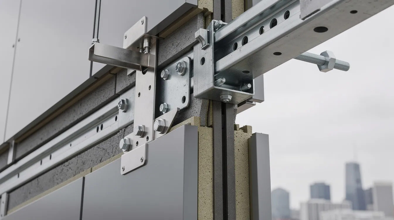 The image shows a close-up view of metal brackets and fixings that support the exterior cladding on a high-rise building, highlighting the structural elements crucial for maintaining building safety. This detailed visual inspection is essential for periodic facade inspections to identify any potential facade defects and ensure compliance with building control regulations.