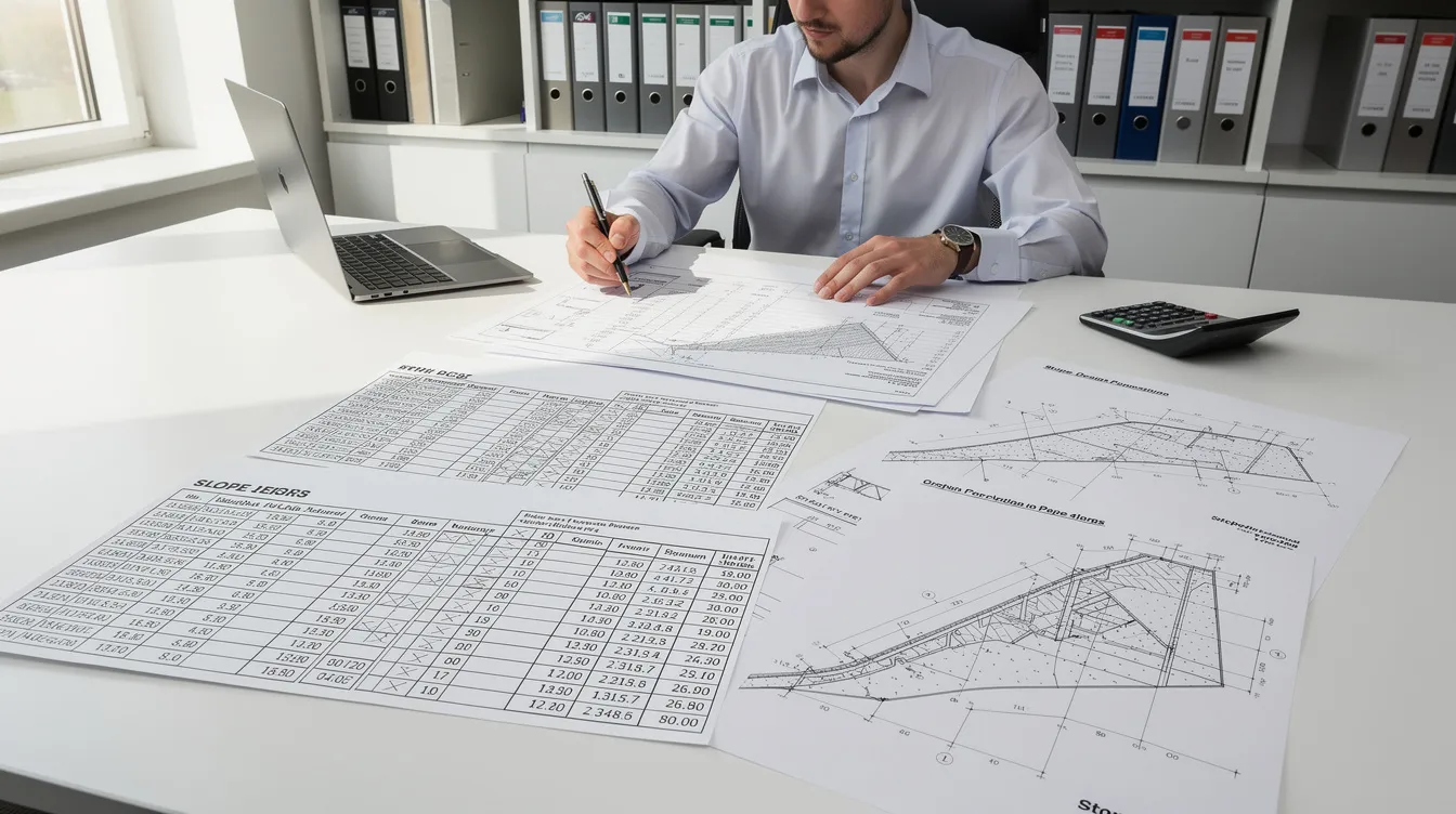 A project manager is seated at a desk, reviewing slope design proposals with printed comparison matrices and detailed engineering drawings. The workspace reflects a focus on civil engineering, particularly in slope stabilisation and erosion control, as the manager evaluates the necessary geotechnical engineering services for ensuring long-term slope stability.