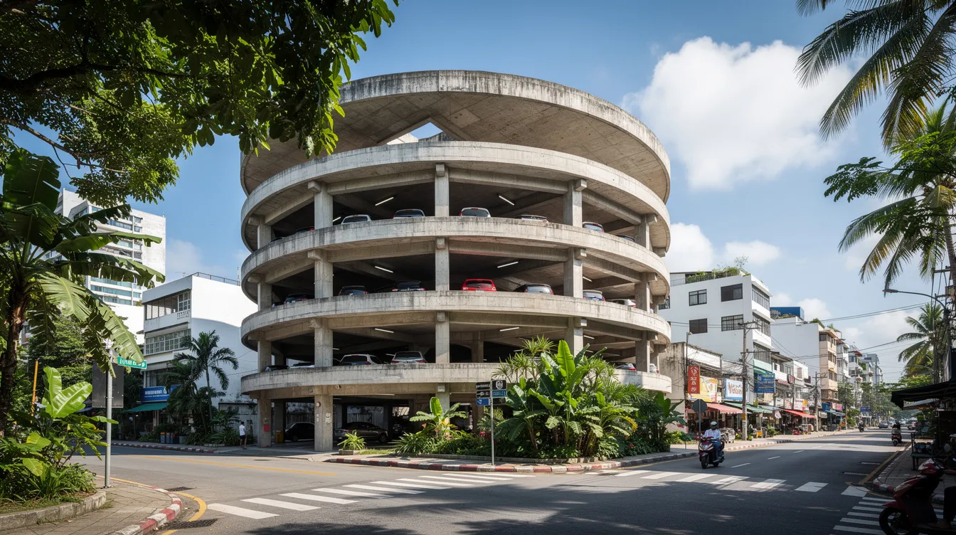 The image depicts a multi-storey concrete car park featuring a prominent ramp structure and supporting columns, set against a tropical urban backdrop. This structure may require periodic structural inspection (PSI) to ensure its structural integrity, in compliance with the Building and Construction Authority's regulations for non-residential buildings.
