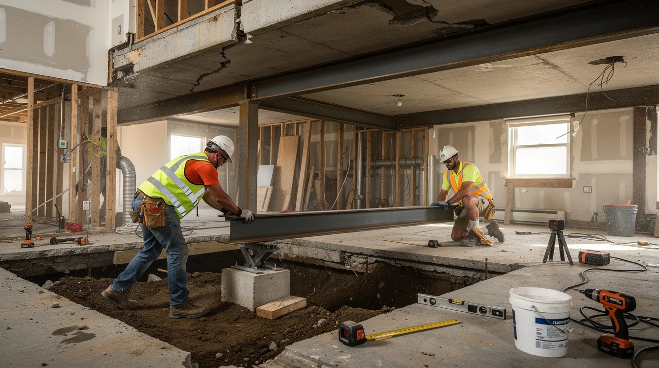 The image shows construction workers installing steel beams beneath an existing concrete slab inside a residential house, highlighting the structural integrity of the existing building during the interior renovation process. This work is essential for maintaining safety and compliance with building control regulations as part of the construction phases for semi-detached houses.