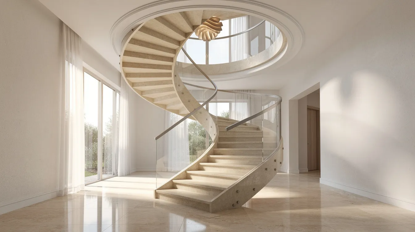 The image depicts an elegant helical staircase with natural stone treads and a frameless glass balustrade, gracefully spiraling in a bright double-height residential foyer. This staircase design exemplifies modern architectural aesthetics, showcasing structural design principles that enhance both beauty and functionality.