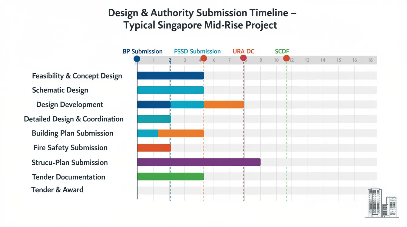 The image depicts a Gantt chart outlining the design milestones and authority submission dates for a typical mid-rise project in Singapore, showcasing the structured timeline essential for architecture and design firms in the region. This visual representation highlights the project management aspects crucial for architects and designers in Southeast Asia.