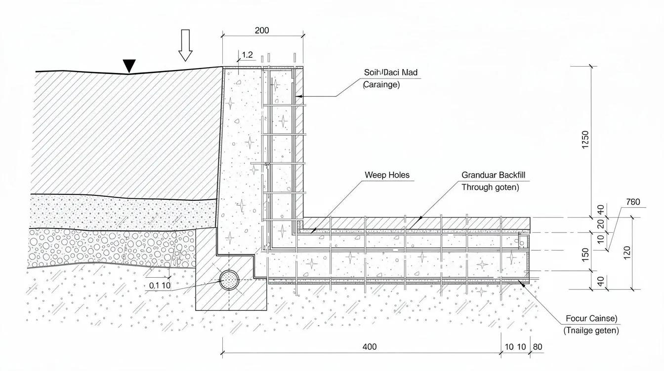 The image depicts a cross-section drawing of a cantilever retaining wall, illustrating key structural elements such as drainage layers, reinforcement details, and backfill zones essential for structural safety and integrity. This detailed representation is crucial for professional engineers and project teams involved in civil and structural engineering, ensuring compliance with building and construction authority regulations.