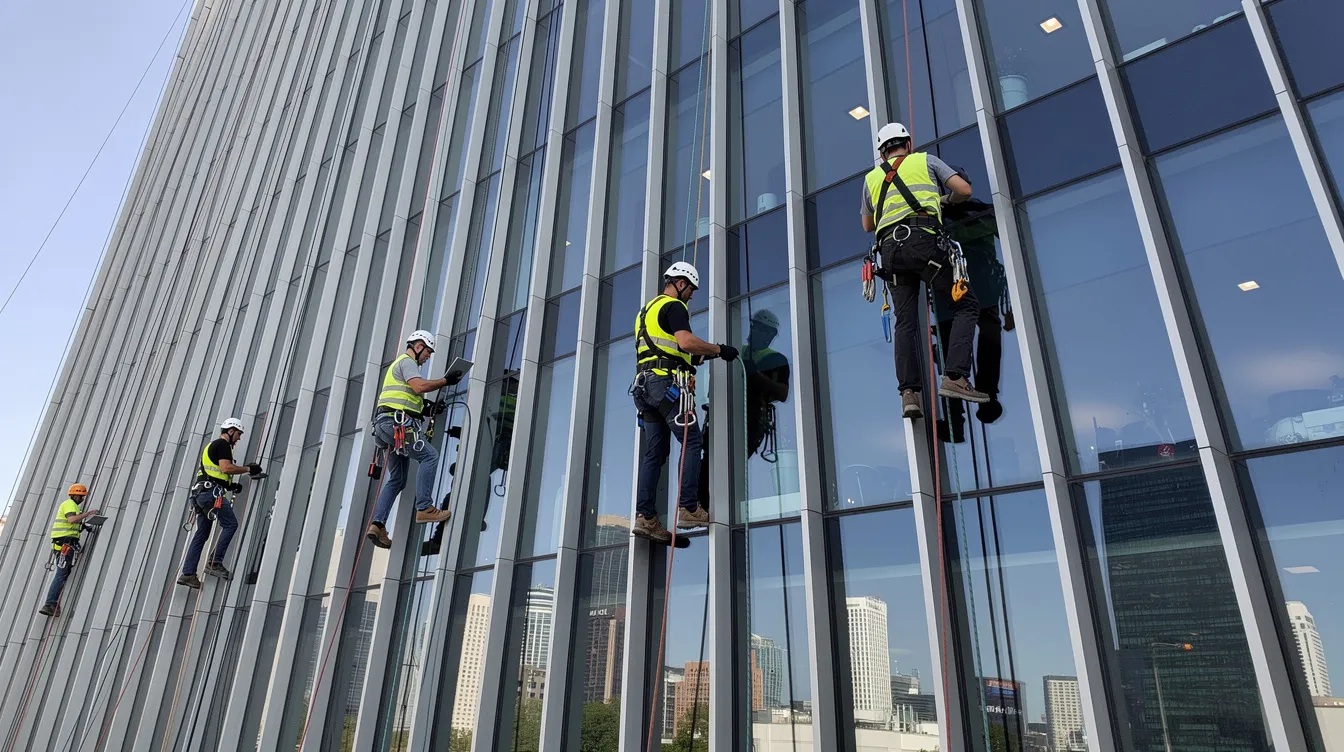 Two workers, equipped with safety harnesses, are conducting a rope-access inspection on the exterior cladding of a large commercial building, ensuring compliance with periodic façade inspection standards set by the Building and Construction Authority. This visual inspection aims to identify any façade defects and maintain the structural integrity of the building.