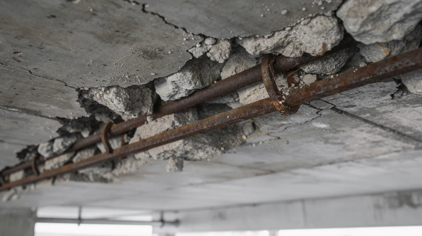 The image shows a close-up view of deteriorating concrete on a car park soffit, revealing exposed and corroded steel reinforcement bars, highlighting potential structural defects that may require a periodic structural inspection to ensure the safety and integrity of the building. This visual inspection underscores the importance of regular assessments by a registered professional engineer to identify and address structural concerns.