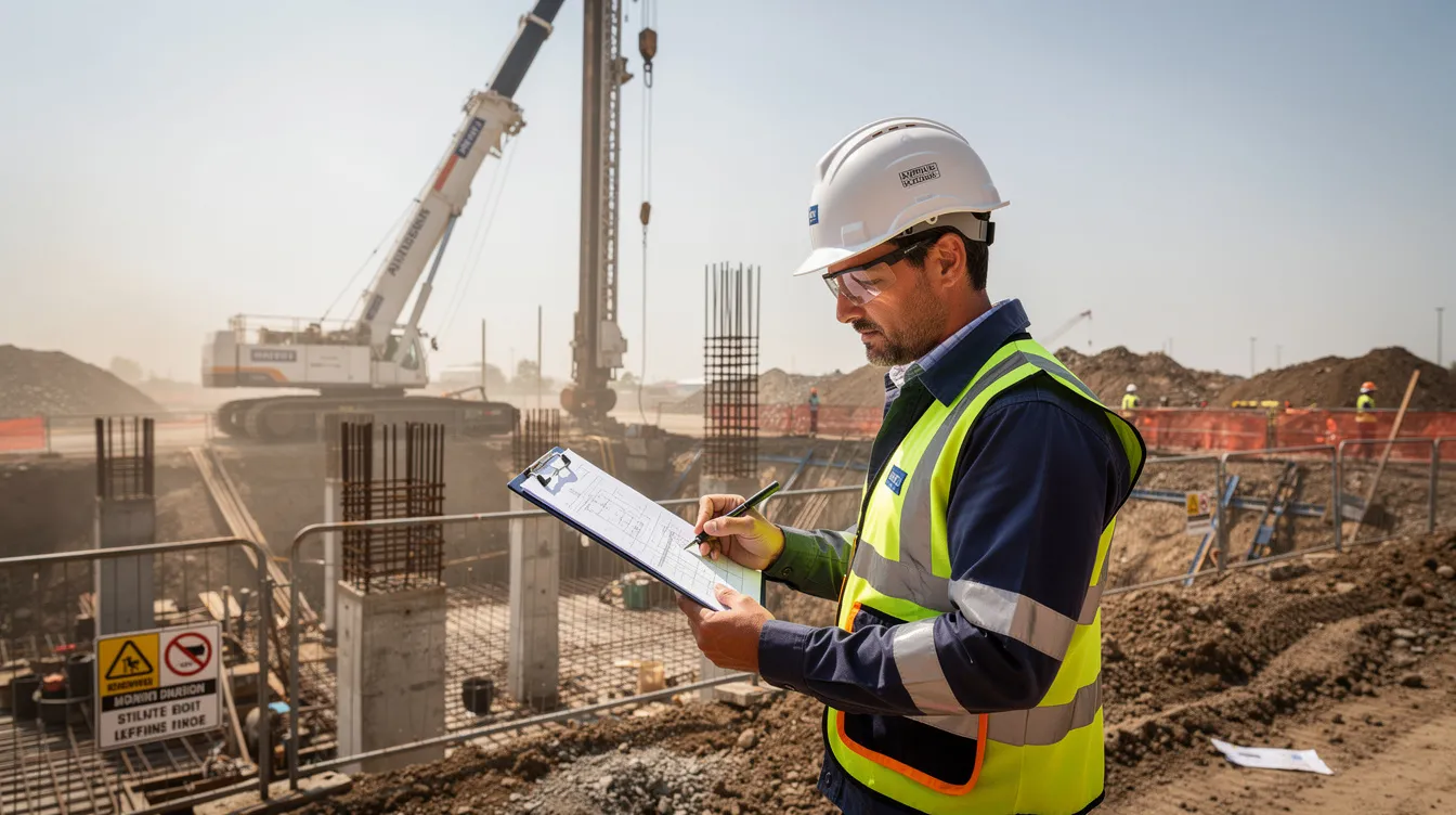 An engineer is reviewing structural drawings on a clipboard at a construction site, with piling equipment in the background, ensuring compliance with building control regulations and the comprehensive site supervision plan. The scene emphasizes the importance of professional accountability and regulatory compliance in Singapore's construction industry.