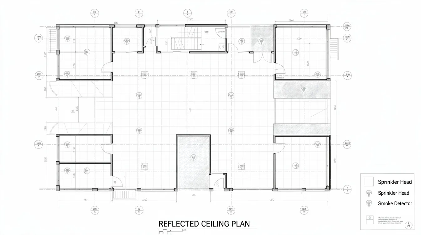 The image is a reflected ceiling plan that displays the positions of sprinkler heads and smoke detectors in relation to office partitions, highlighting important elements for fire safety plans. This layout is crucial for the approval process of fire protection systems, ensuring compliance with applicable fire safety requirements and facilitating the evaluation stages of the project.