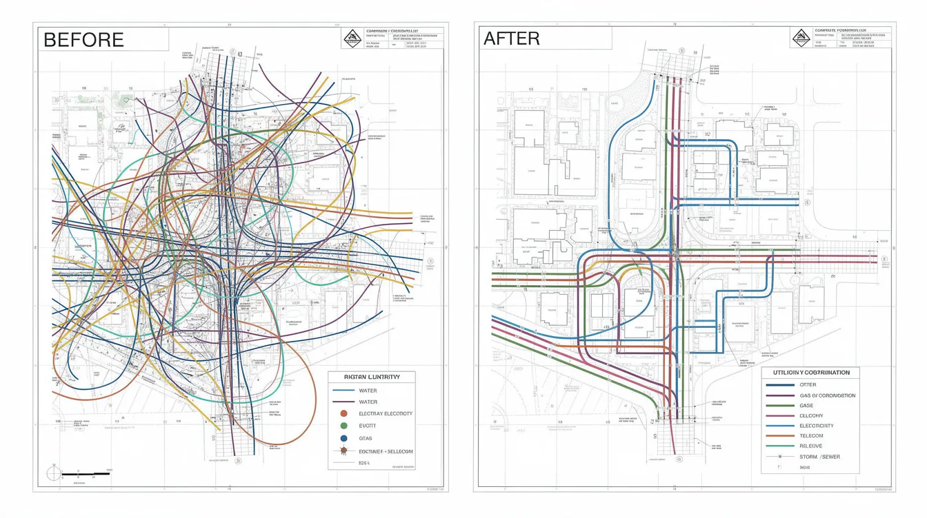 The image shows a before-and-after comparison of a utility coordination drawing, transitioning from a disorganized layout of service routes to a clearly annotated composite utility plan. This visual improvement highlights the importance of plan consent submissions and regulatory compliance in the approval process for utility and substation works in JTC estates.