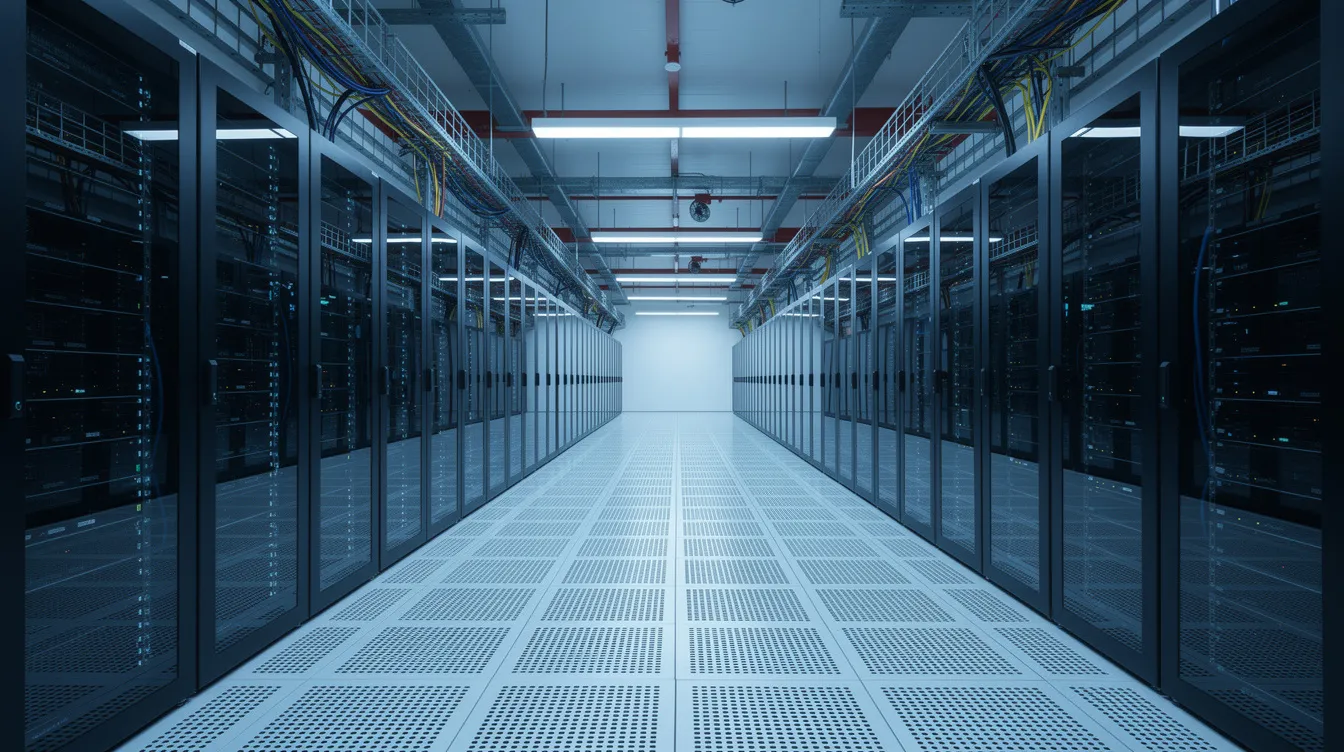 The image depicts the interior of a modern data centre featuring rows of server racks arranged on raised flooring, with overhead cable trays illuminated by blue LED lighting, highlighting the advanced technology and systematic approach to fire safety measures and compliance with fire safety standards.