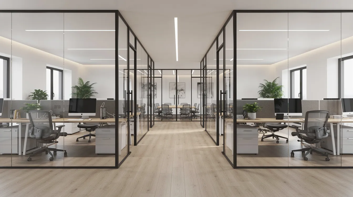 The image showcases a completed modern commercial interior featuring sleek glass partitions that create a spacious open plan workspace, illuminated by recessed lighting. This design reflects contemporary building and construction authority standards, emphasizing both form and functionality in a professional environment.